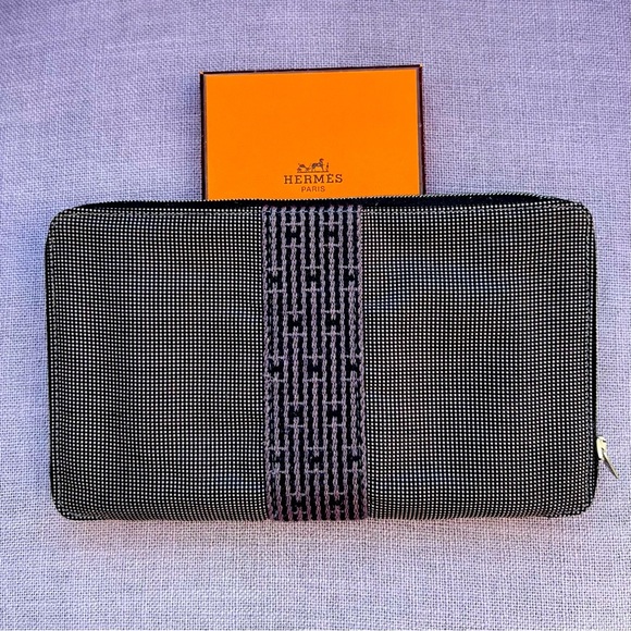Hermes Large Organizer Yell Lone Long Wallet Canvas Nylon Gray Navy Zip Around - Picture 1 of 5